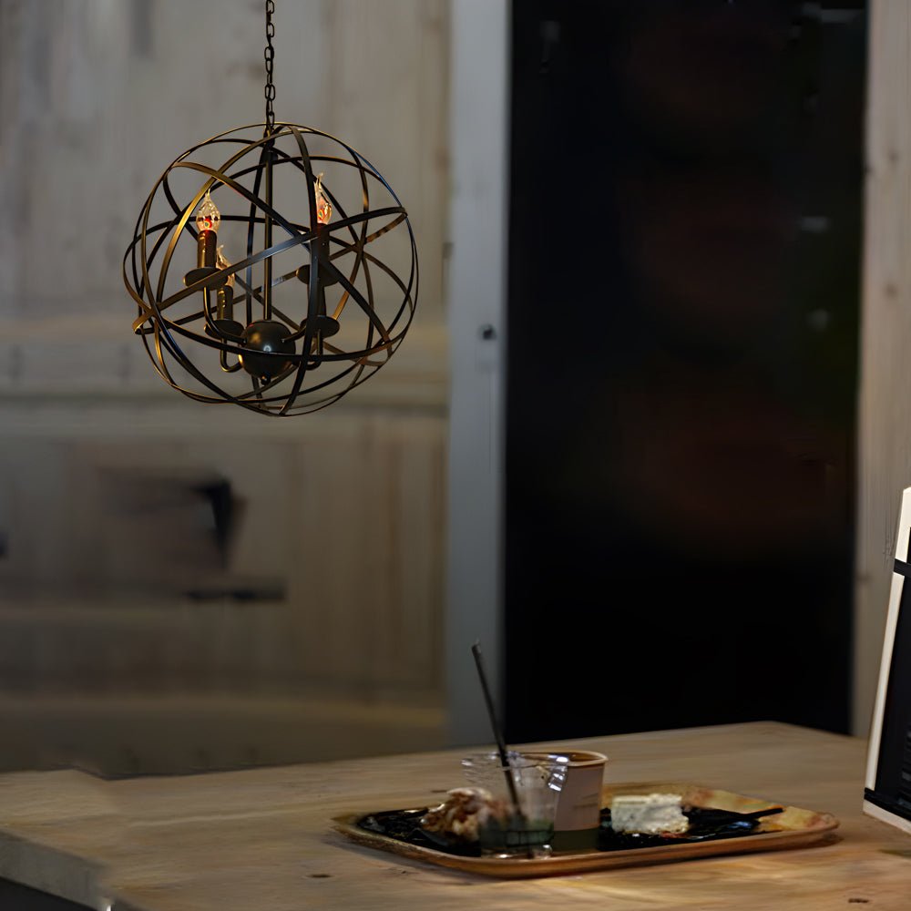 Industrial Black Iron Spherical LED Chandelier for Modern Dining Room