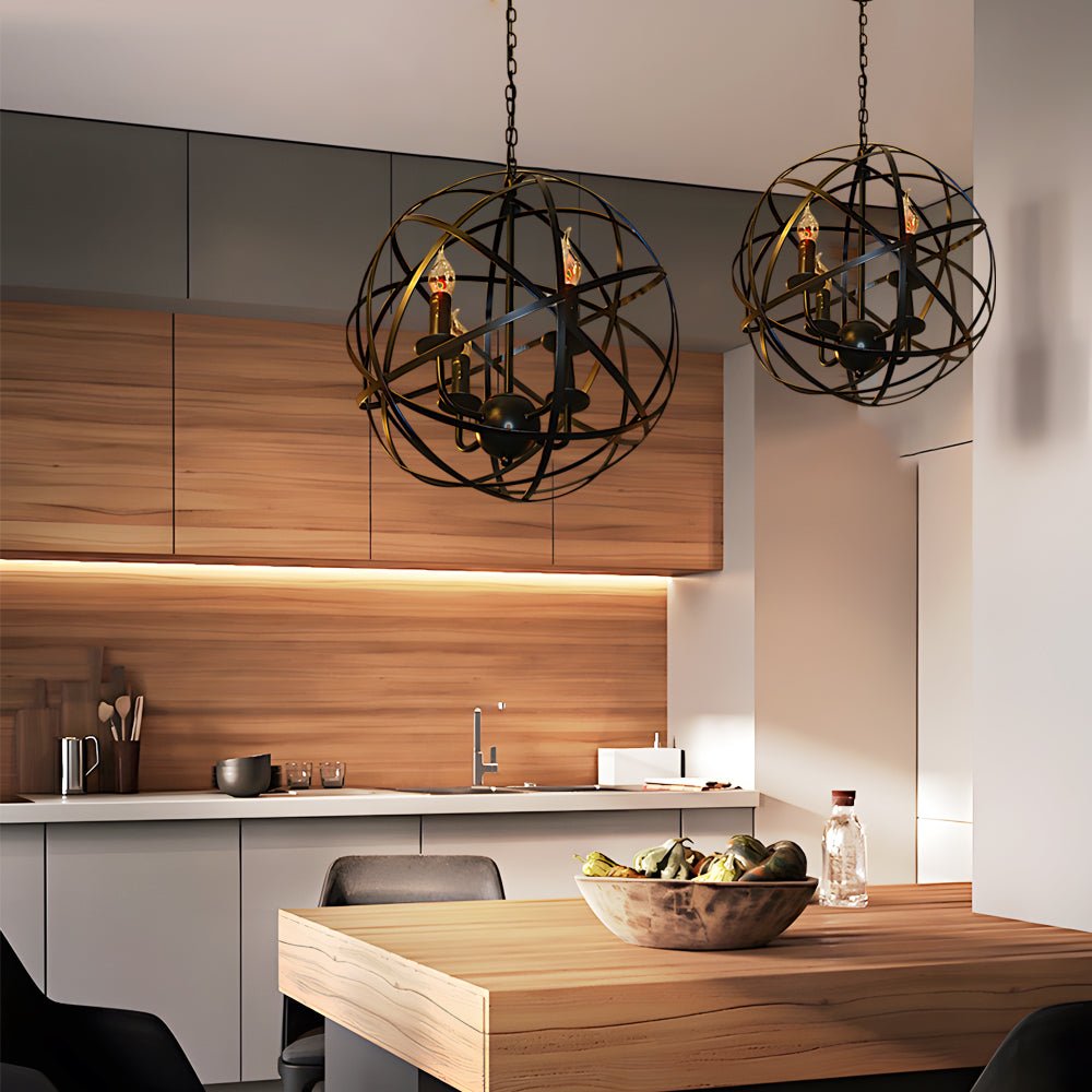 Industrial Black Iron Spherical LED Chandelier for Modern Dining Room