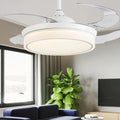White Retractable Ceiling Fan with 4 Blades and LED Light for Living Room