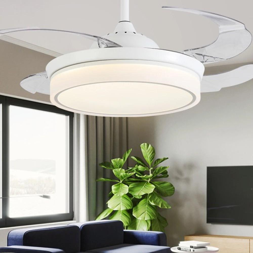 White Retractable Ceiling Fan with 4 Blades and LED Light for Living Room