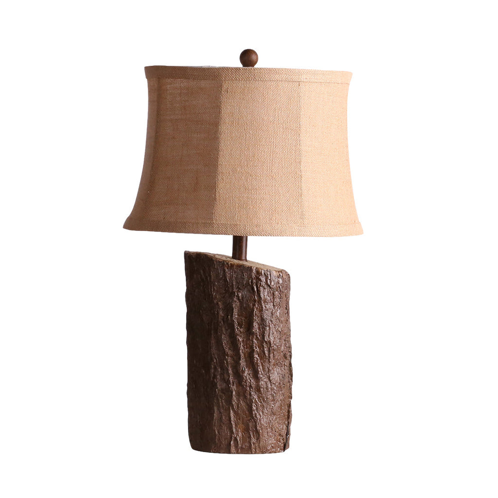 Rustic Faux Wood Nightstand Table Lamp with Bark-Textured Fabric Shade