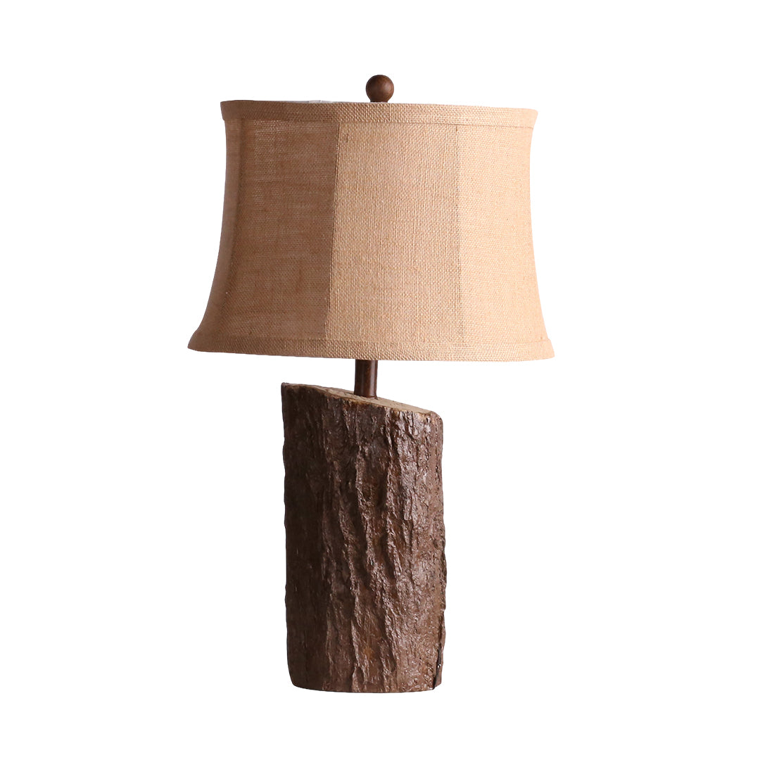 Rustic Faux Wood Nightstand Table Lamp with Bark-Textured Fabric Shade