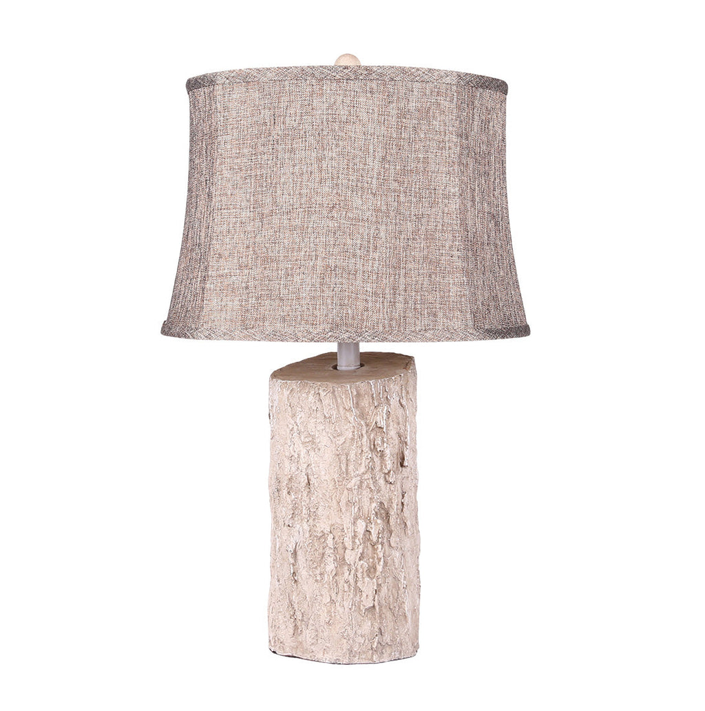 Rustic White Wood Table Lamp with Bark Fabric Shade for Living Room