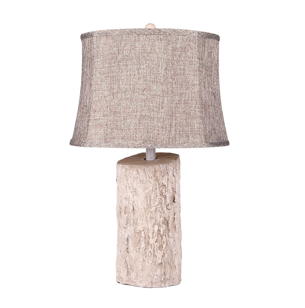 Rustic White Wood Table Lamp with Bark Fabric Shade for Living Room