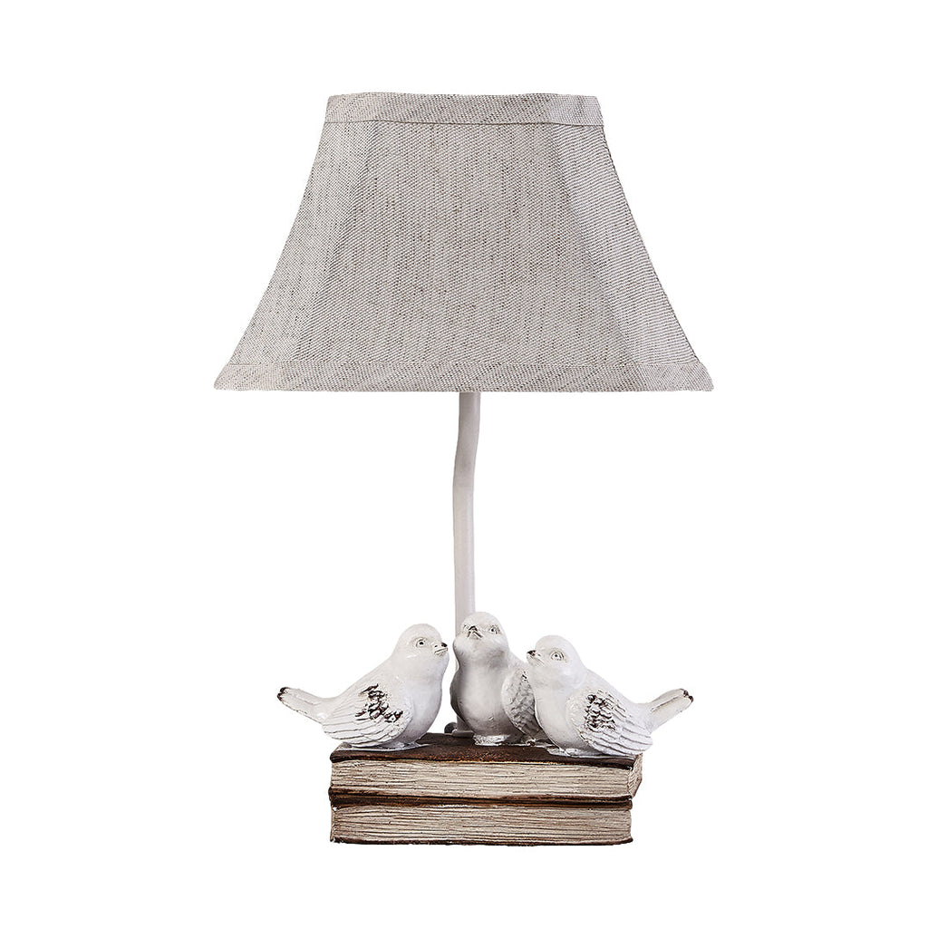 Vintage Fabric Table Lamp with Bird Figurine and Book Base for Living Room