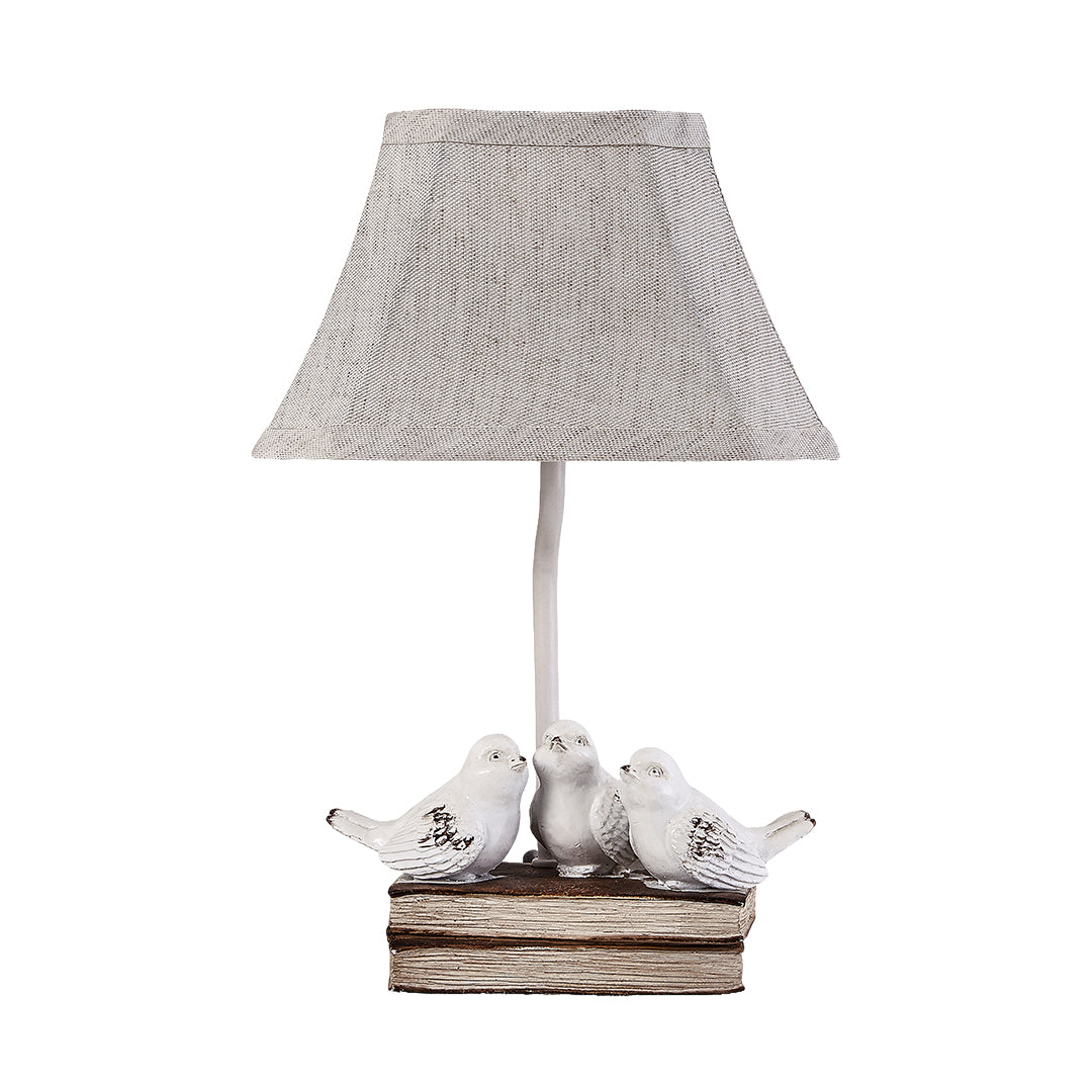 Vintage Fabric Table Lamp with Bird Figurine and Book Base for Living Room