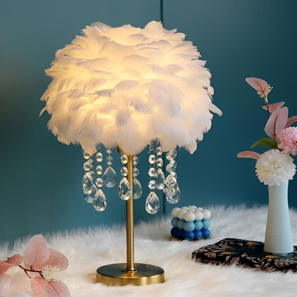Modern White Feather LED Crystal Table Lamp for Bedroom Living Room
