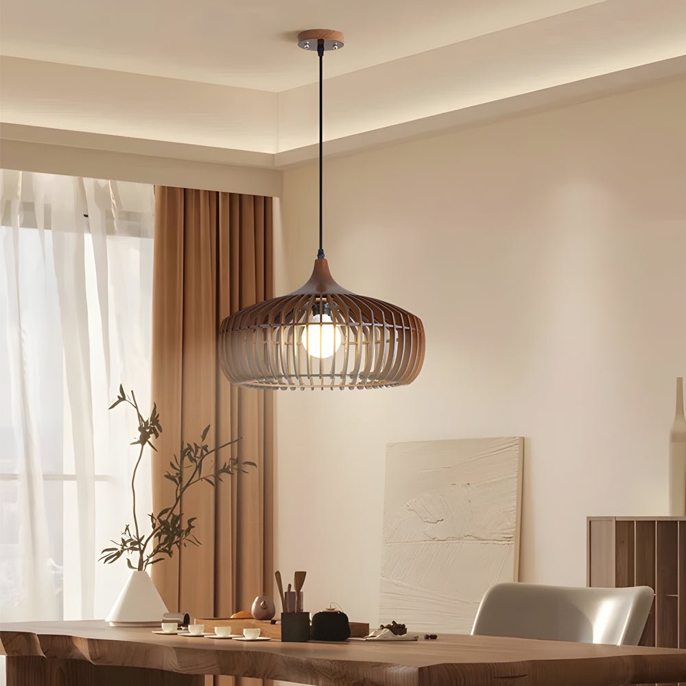 Natural Japanese Wood 1-Light Pendant Fixture for Rustic Home Décor