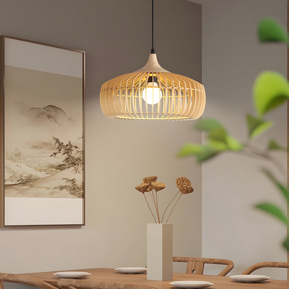 Natural Japanese Wood 1-Light Pendant Fixture for Rustic Home Décor