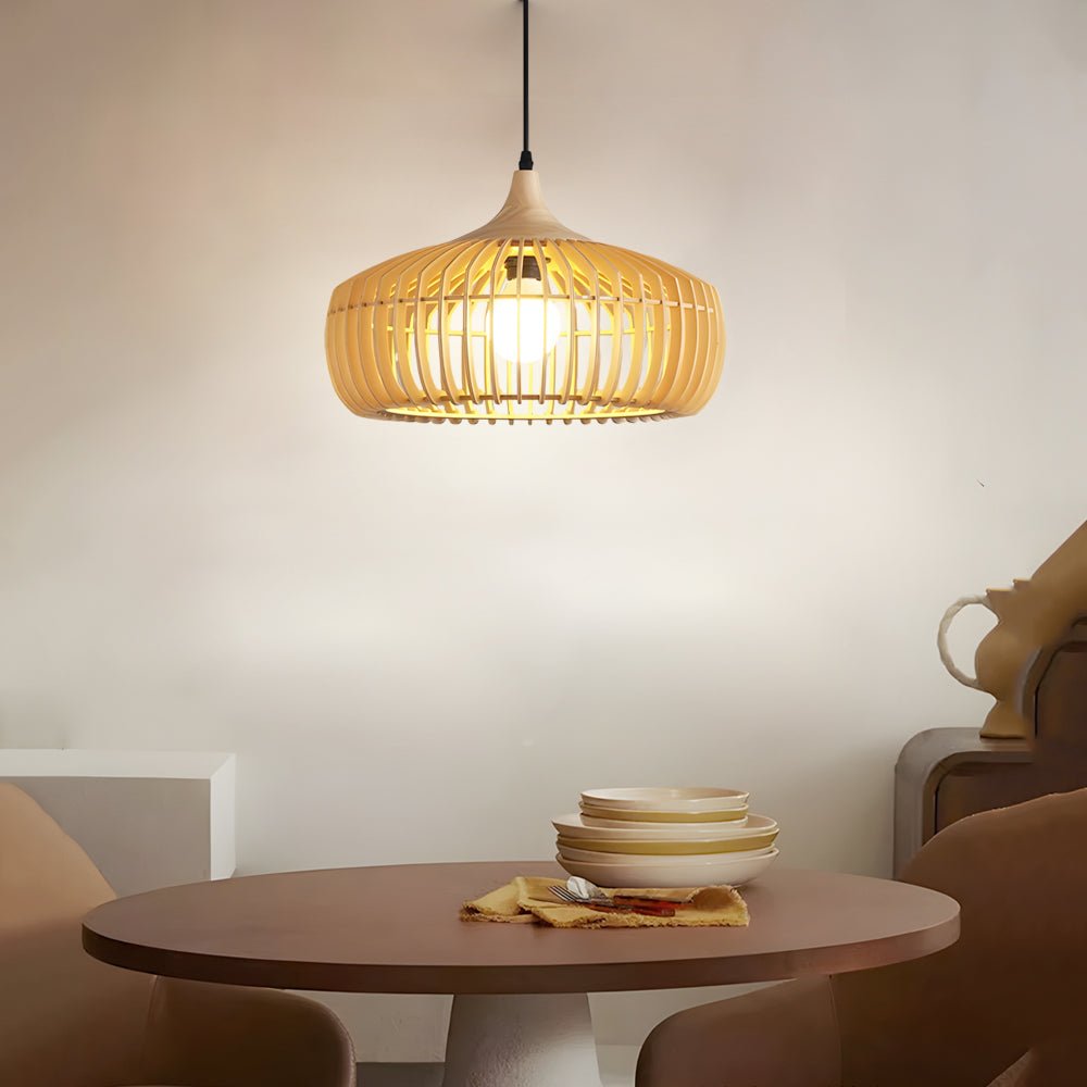 Rustic Japanese Wooden Cage Pendant Light Fixture for Dining Room