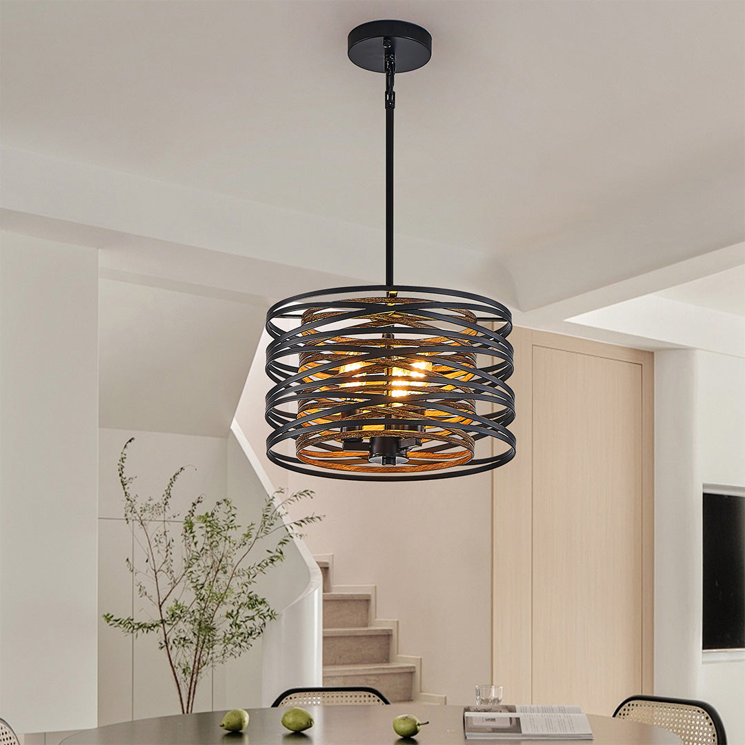 Industrial Black Iron Drum Pendant Light for Kitchen or Dining Room