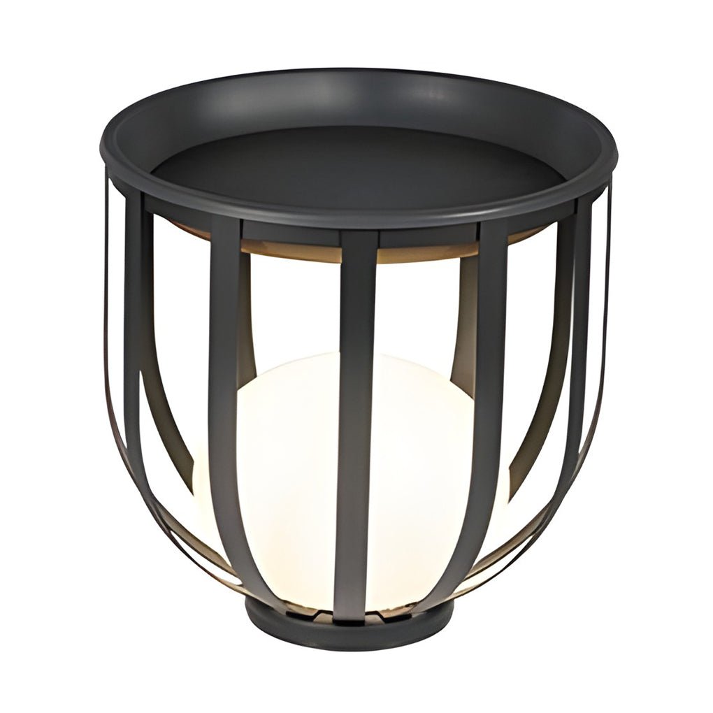 Sleek Black Metal Solar LED Outdoor Lantern with Tray for Garden Deck