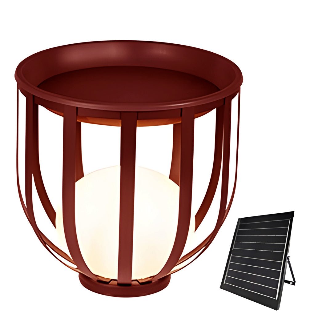 Sleek Black Metal Solar LED Outdoor Lantern with Tray for Garden Deck