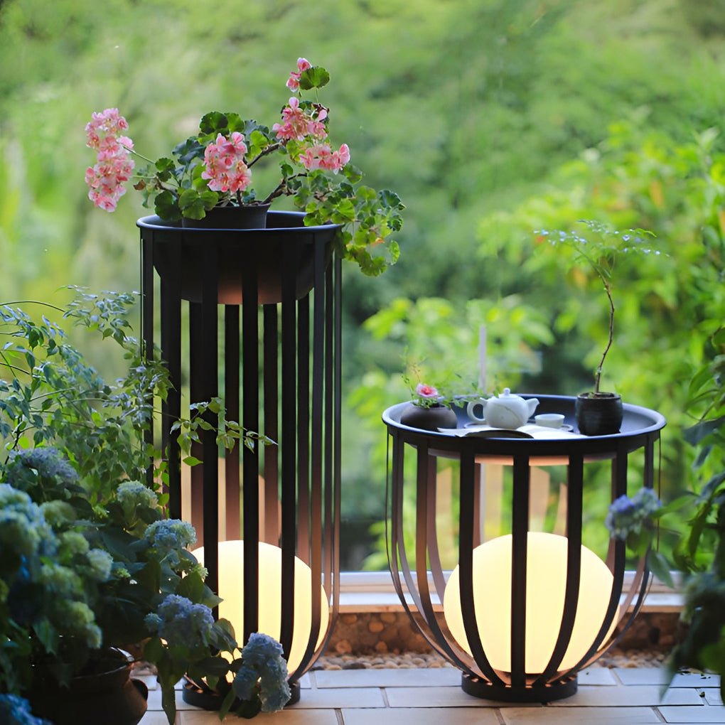 Sleek Black Metal Solar LED Outdoor Lantern with Tray for Garden Deck