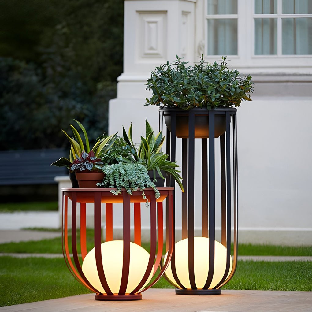 Sleek Black Metal Solar LED Outdoor Lantern with Tray for Garden Deck