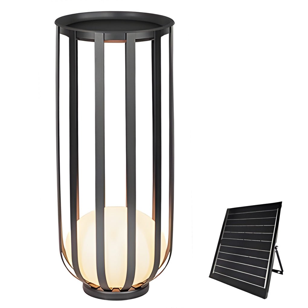 Sleek Black Metal Solar LED Outdoor Lantern with Tray for Garden Deck