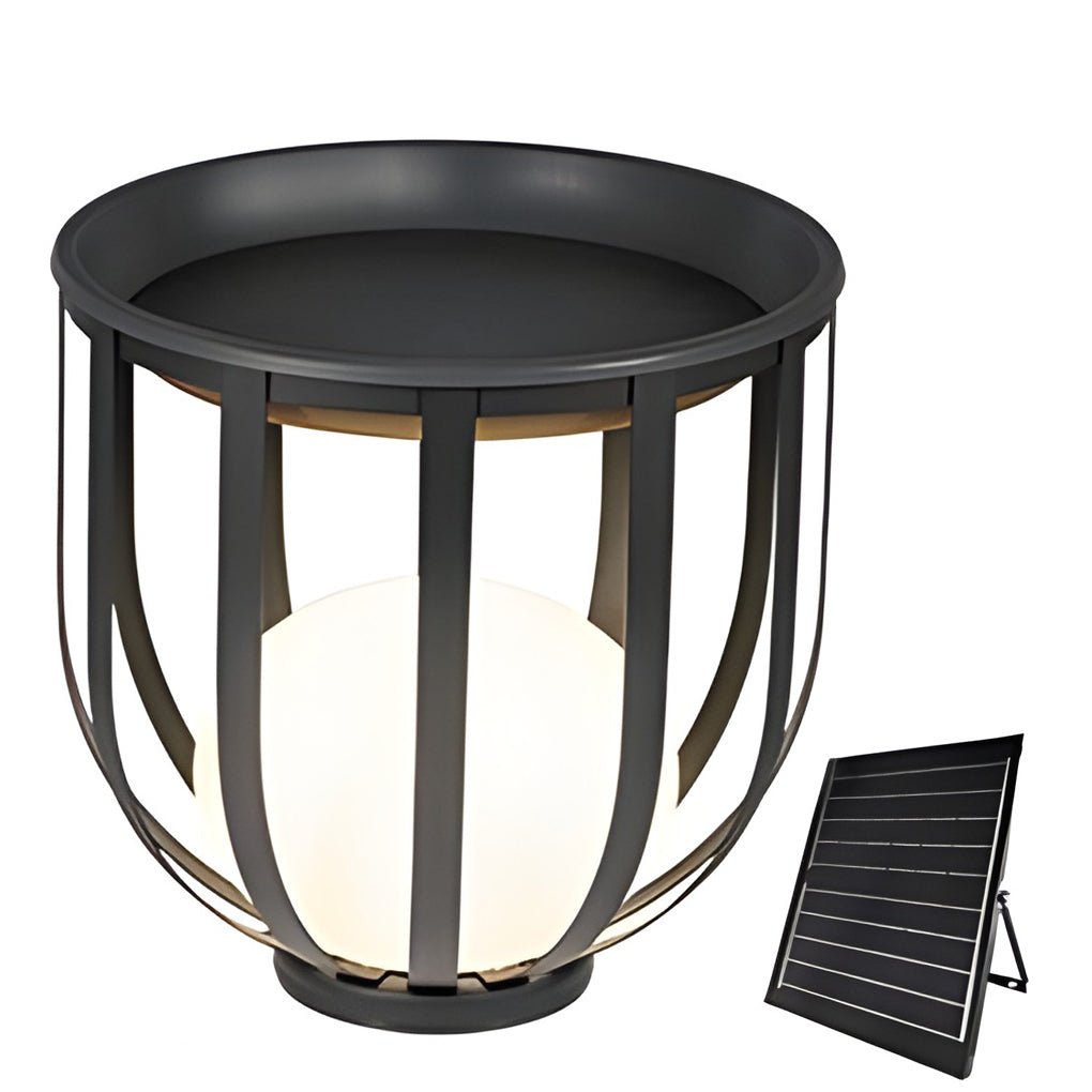 Sleek Black Metal Solar LED Outdoor Lantern with Tray for Garden Deck