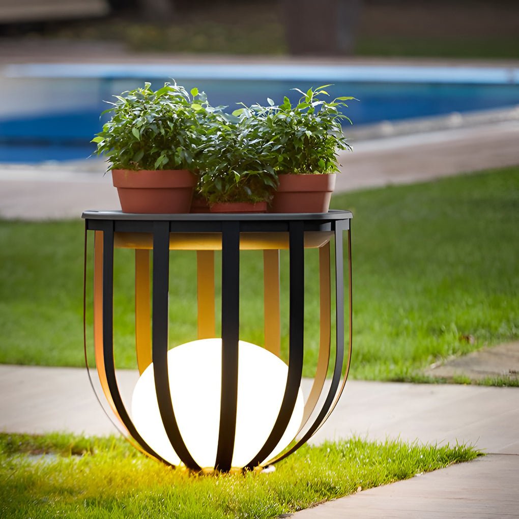 Sleek Black Metal Solar LED Outdoor Lantern with Tray for Garden Deck