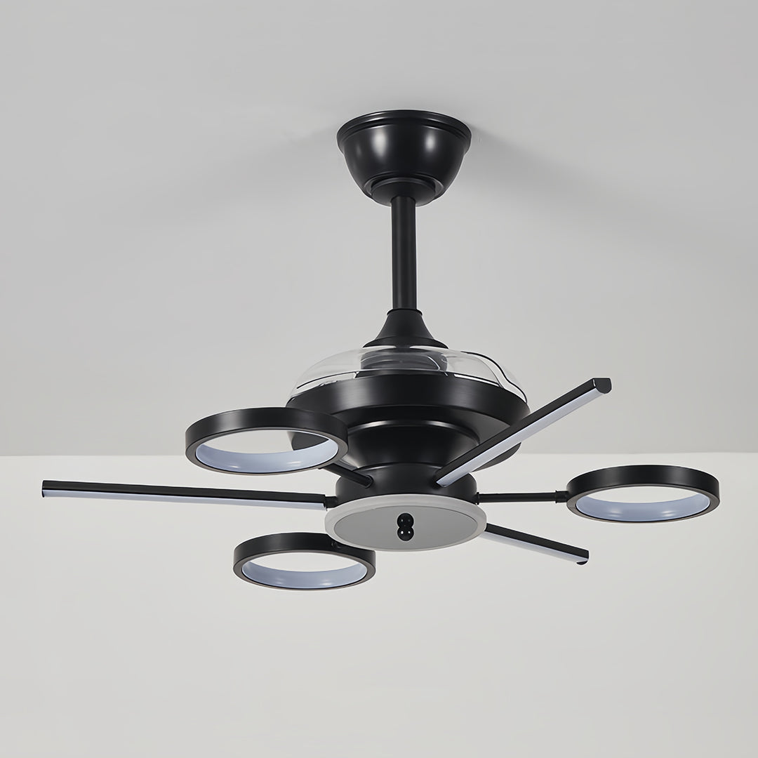 French Vintage Black Iron 3-Blade Ceiling Fan with Multiple Lights for Living Room
