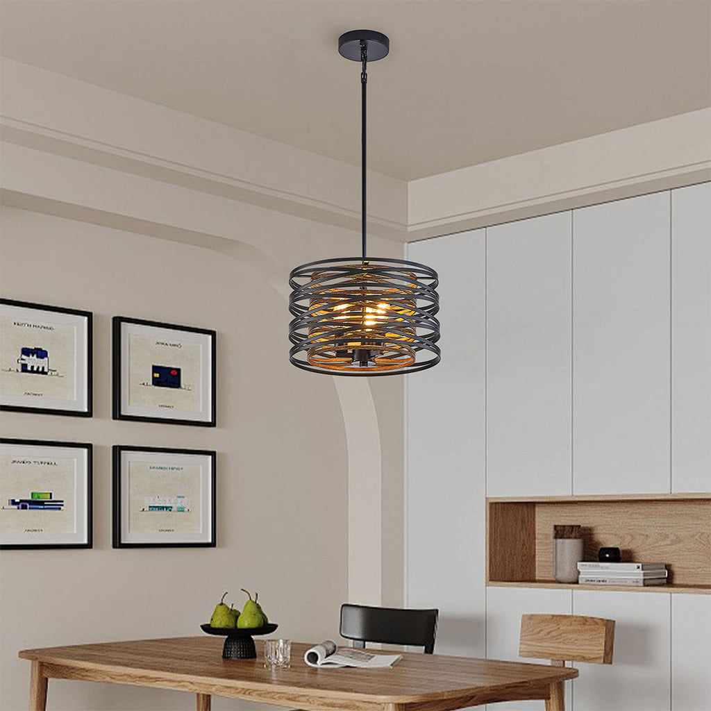Industrial Black Iron Drum Pendant Light for Kitchen or Dining Room