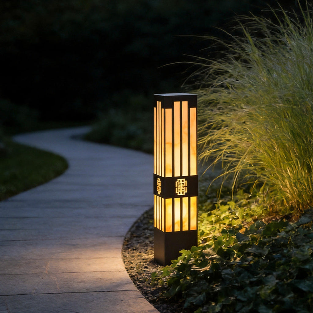 Elegant Striped-Cut LED Marble Bollard Light for Outdoor Pathways