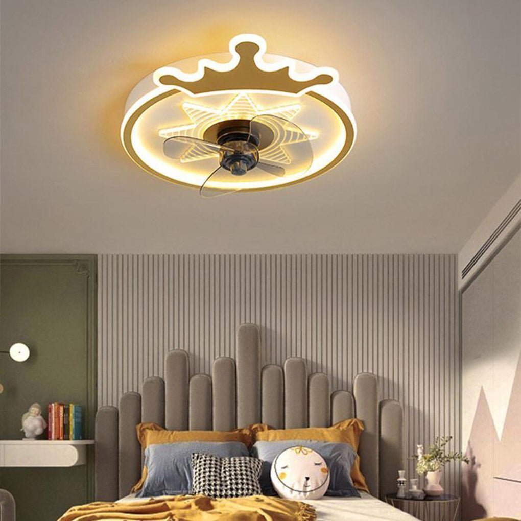 “Modern White Round Crown LED Flush Mount Ceiling Fan for Kids’ Room”