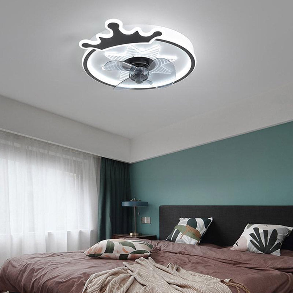 “Modern White Round Crown LED Flush Mount Ceiling Fan for Kids’ Room”