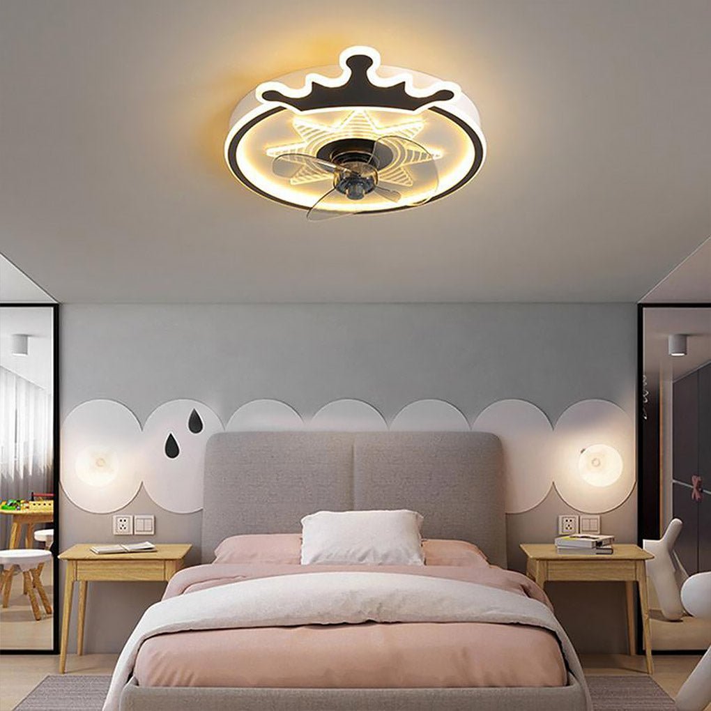 “Modern White Round Crown LED Flush Mount Ceiling Fan for Kids’ Room”