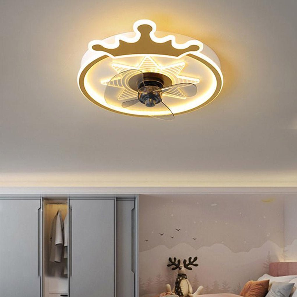 “Modern White Round Crown LED Flush Mount Ceiling Fan for Kids’ Room”