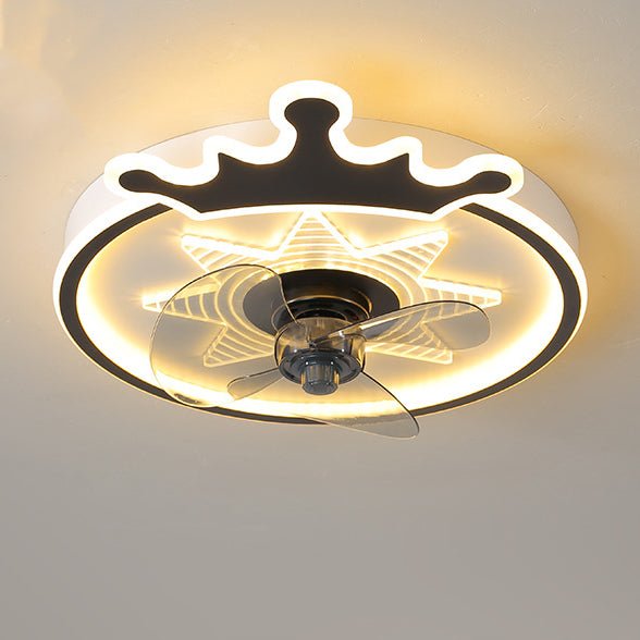 “Modern White Round Crown LED Flush Mount Ceiling Fan for Kids’ Room”