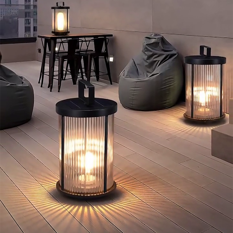 Elegant Striped Glass LED Solar Lantern for Outdoor Garden Décor