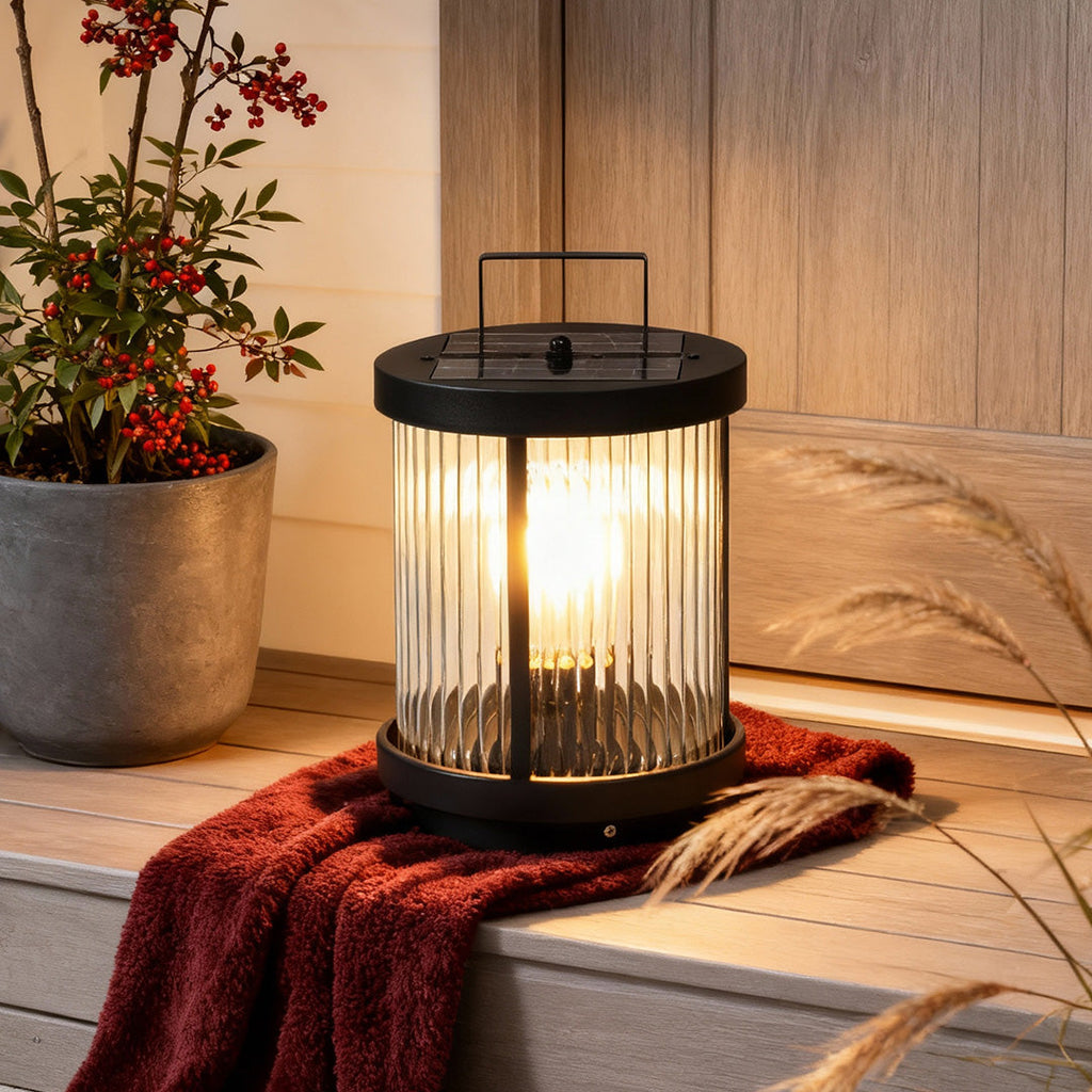 Elegant Striped Glass LED Solar Lantern for Outdoor Garden Décor
