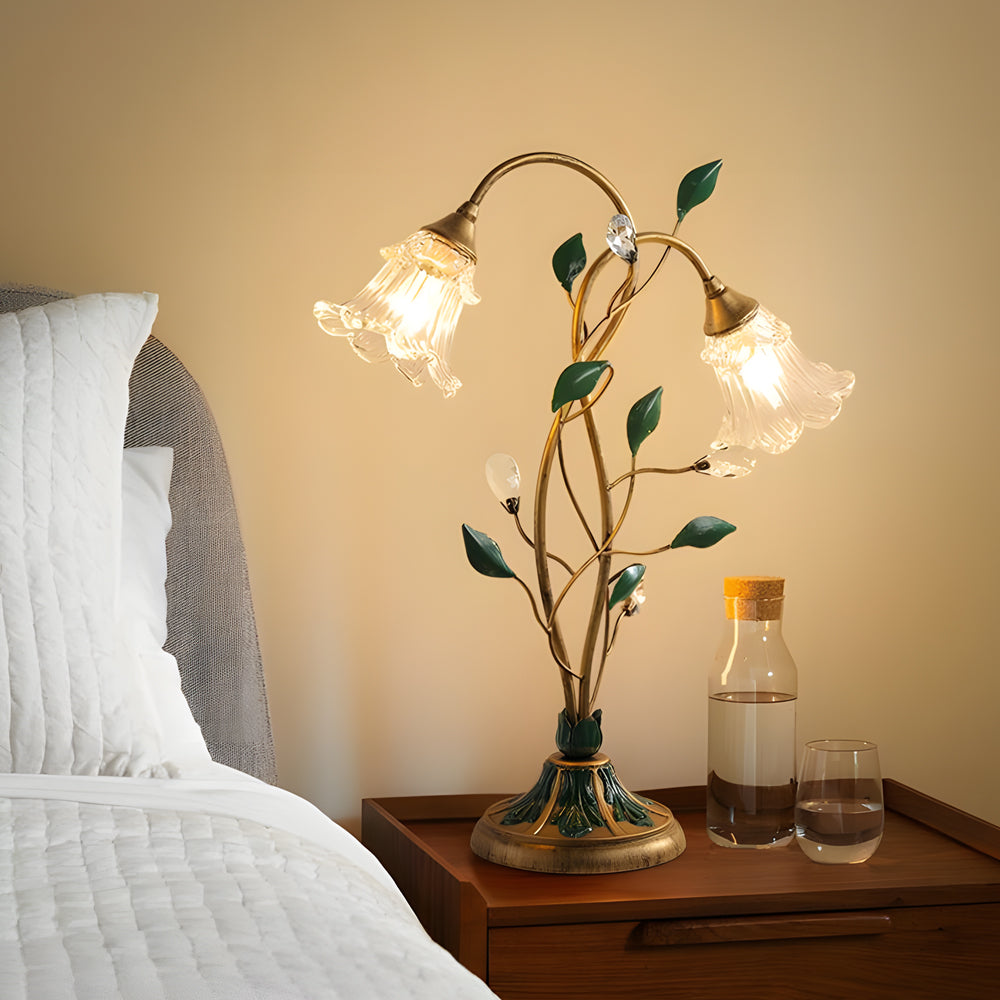 Elegant Dual-Light Lily Table Lamp with Leaf Design for Nightstands