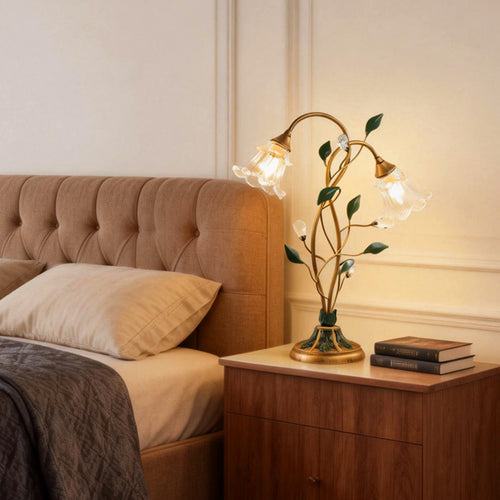 Elegant Dual-Light Lily Table Lamp with Leaf Design for Nightstands