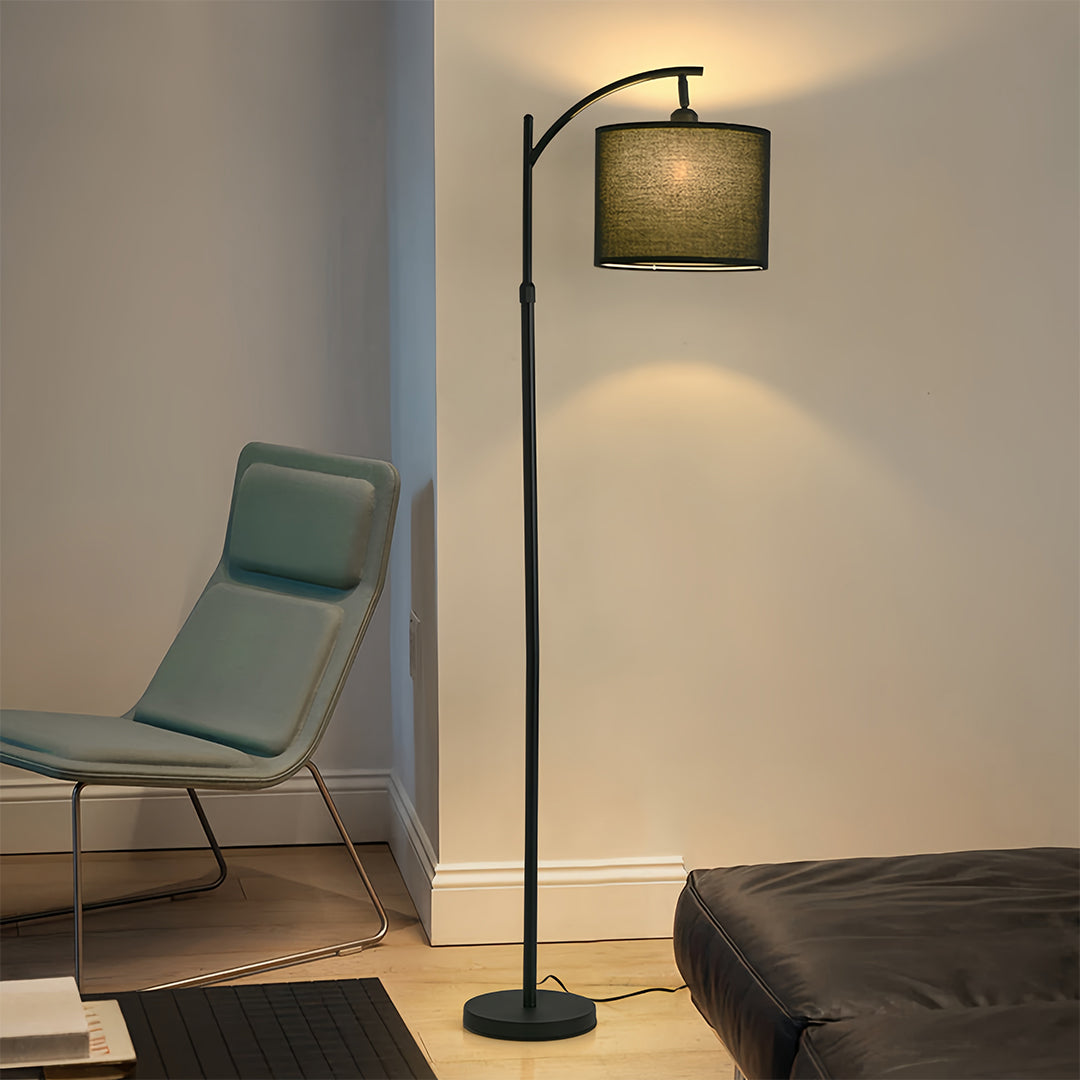 Minimalist White Fabric Shade Arc Floor Lamp in Modern Metal for Living Room