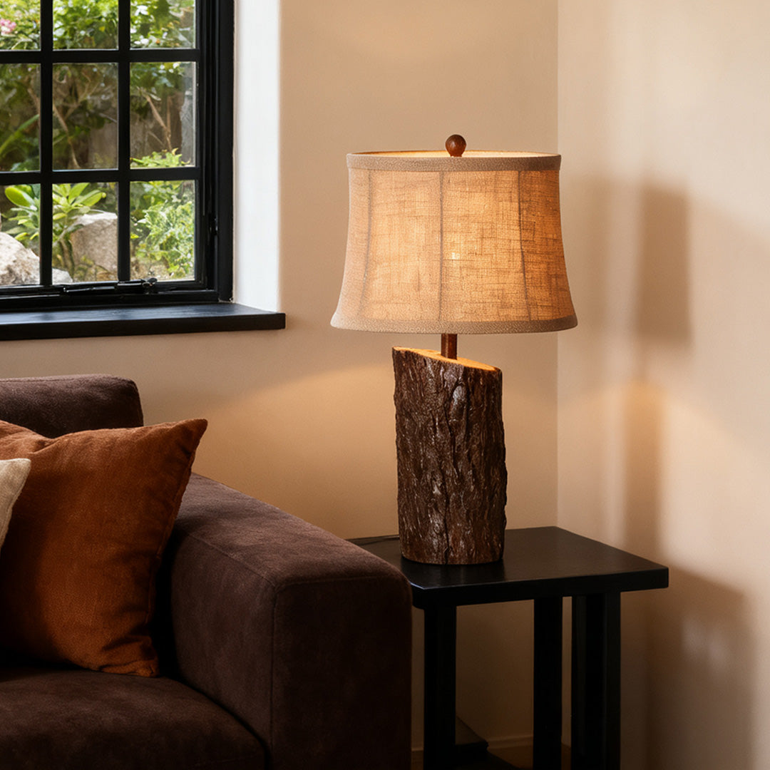 Rustic Faux Wood Nightstand Table Lamp with Bark-Textured Fabric Shade