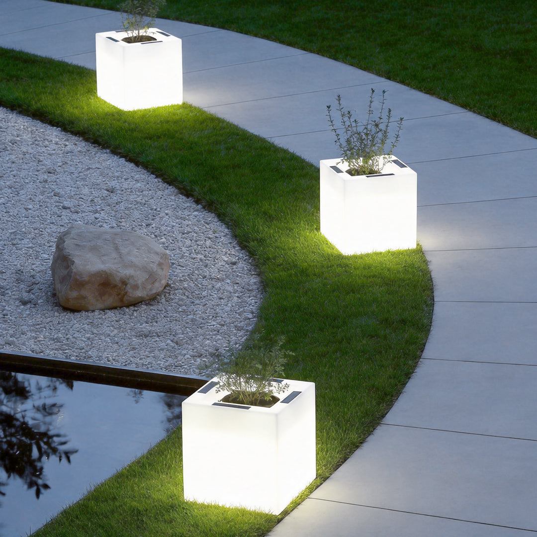 Square Waterproof LED Solar Light Flower Pots for Outdoor Garden Decor
