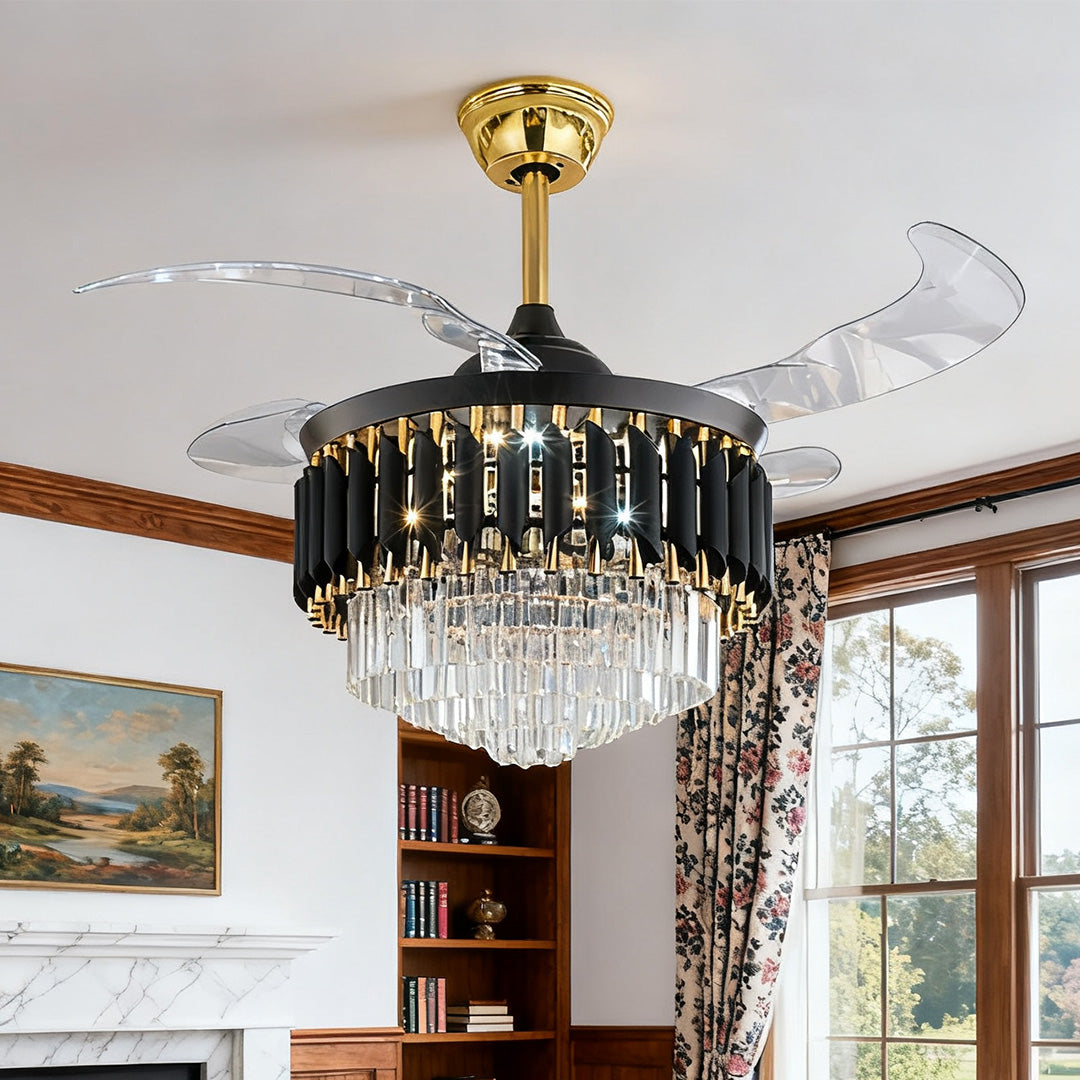 Luxury Black Ceiling Fan with Light, Transparent PC Blades, Iron - Ideal for Living Room