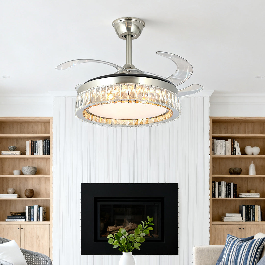 Luxury Nickel Crystal Ceiling Fan with Light Remote for Living Room