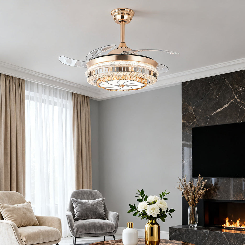 Modern Gold Crystal Ceiling Fan with Light for Living Room Décor