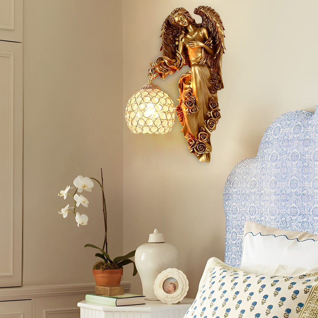 Vintage White Resin Angel Wall Sconce with Crystal Ball for Living Room