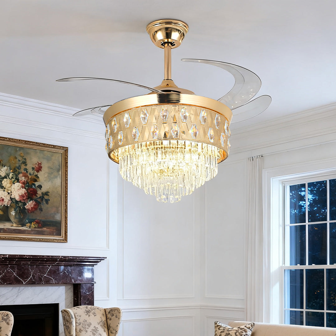 Luxurious Gold Iron Crystal Ceiling Fan Light for Elegant Living Room