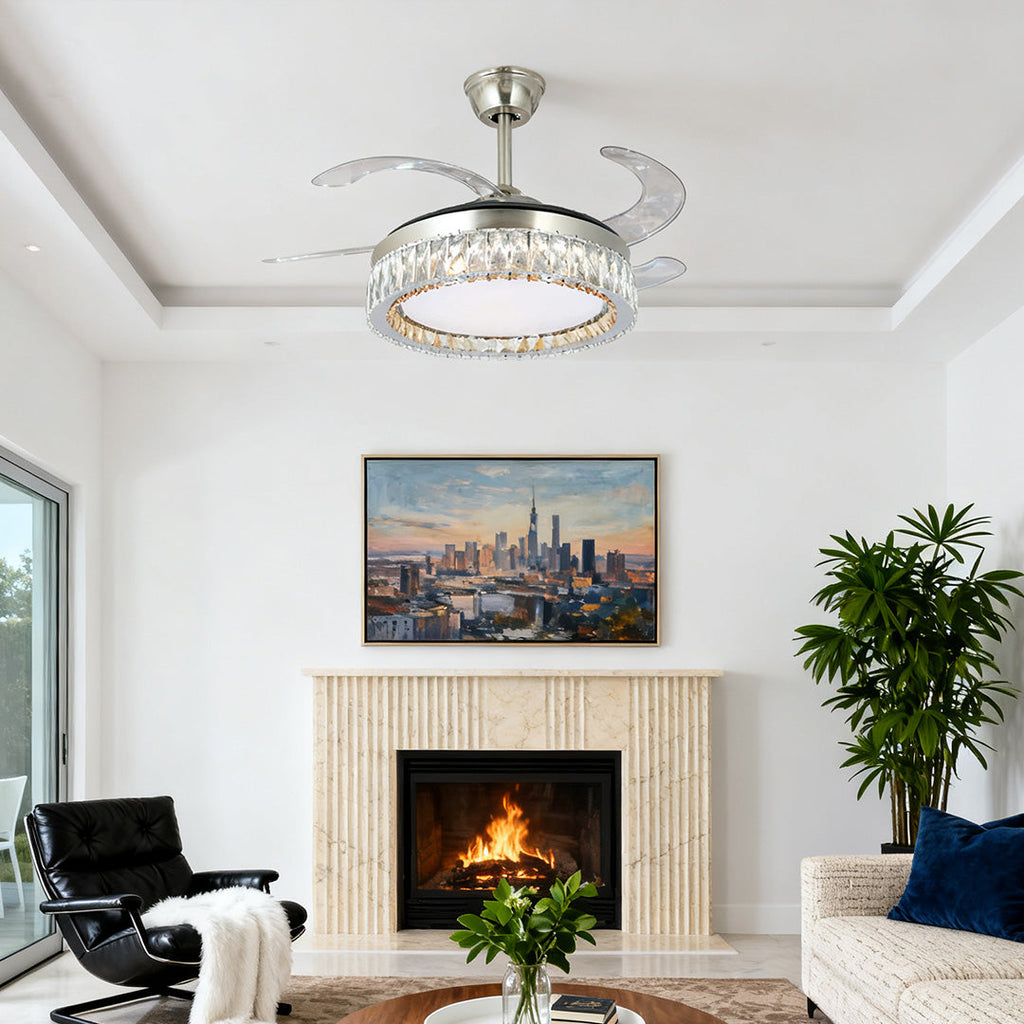 Luxury Nickel Crystal Ceiling Fan with Light Remote for Living Room