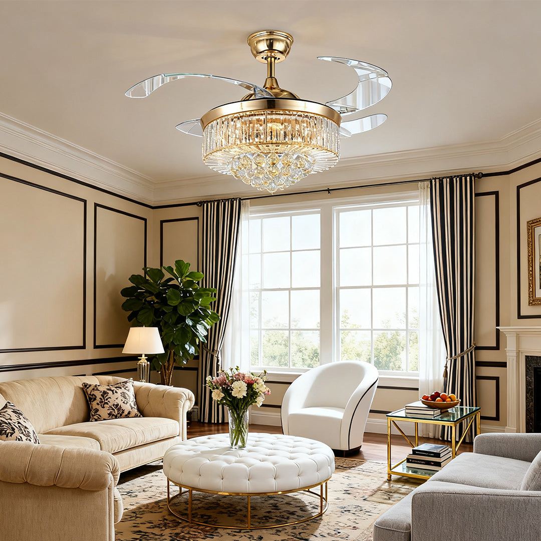 Elegant Gold Iron Crystal Ceiling Fan with Lights for Luxury Interiors