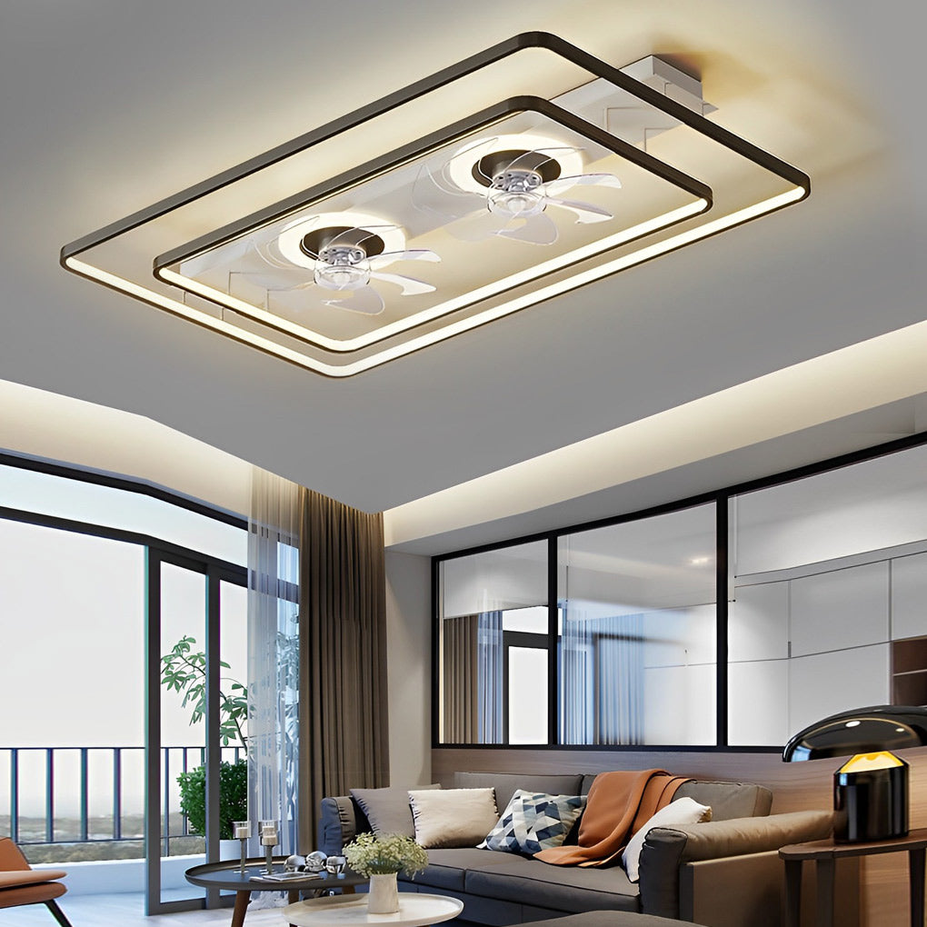 Modern Rectangular Dual Head LED Ceiling Fan with Transparent Blades for Living Room
