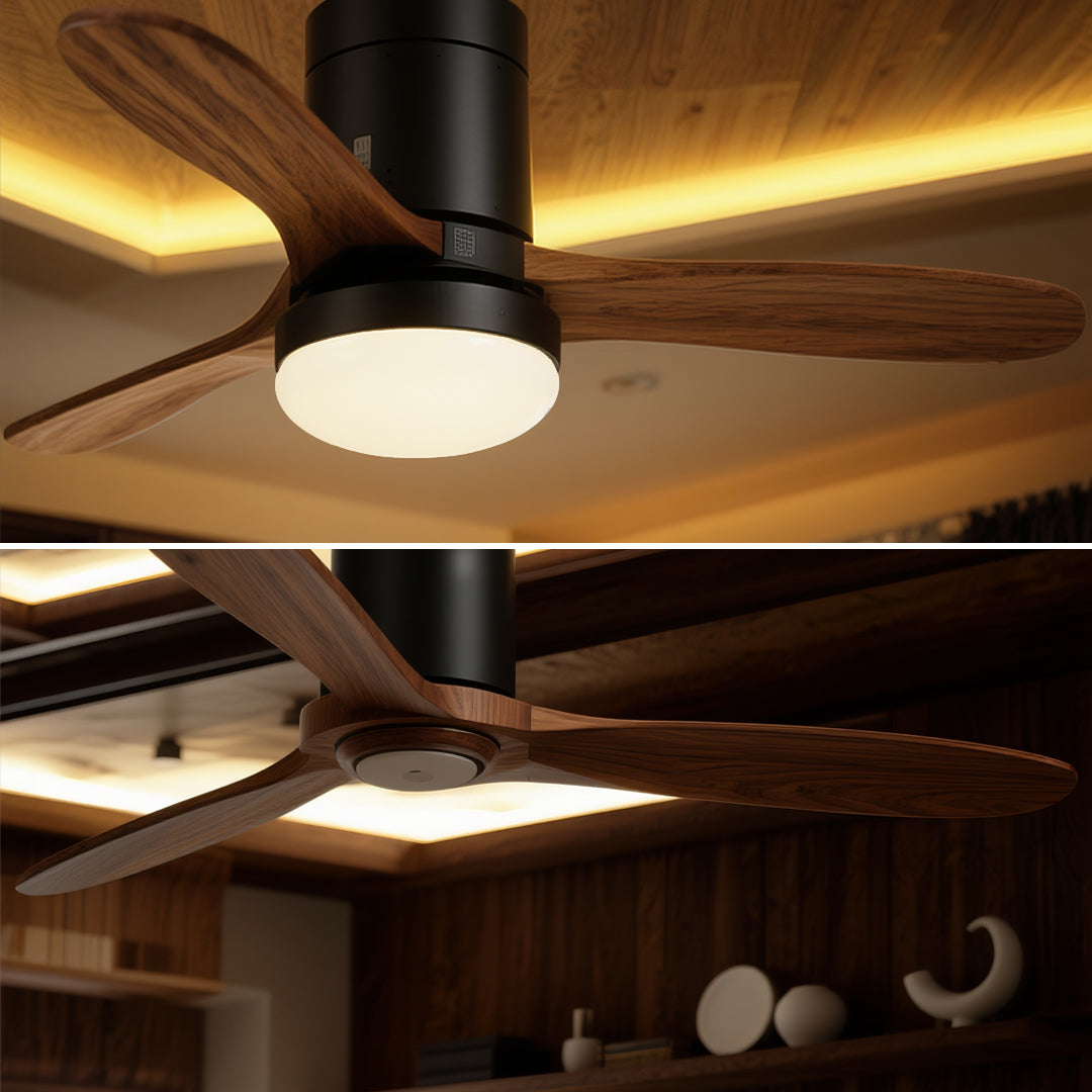 Rustic Wood Three-Blade LED Ceiling Fan with Remote Control for Living Room