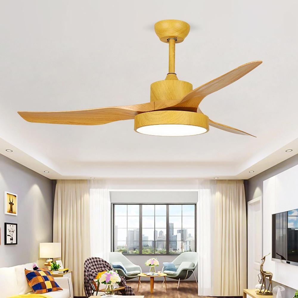 Rustic 3-Blade Wood Ceiling Fan with LED Light for Living Room Bedroom