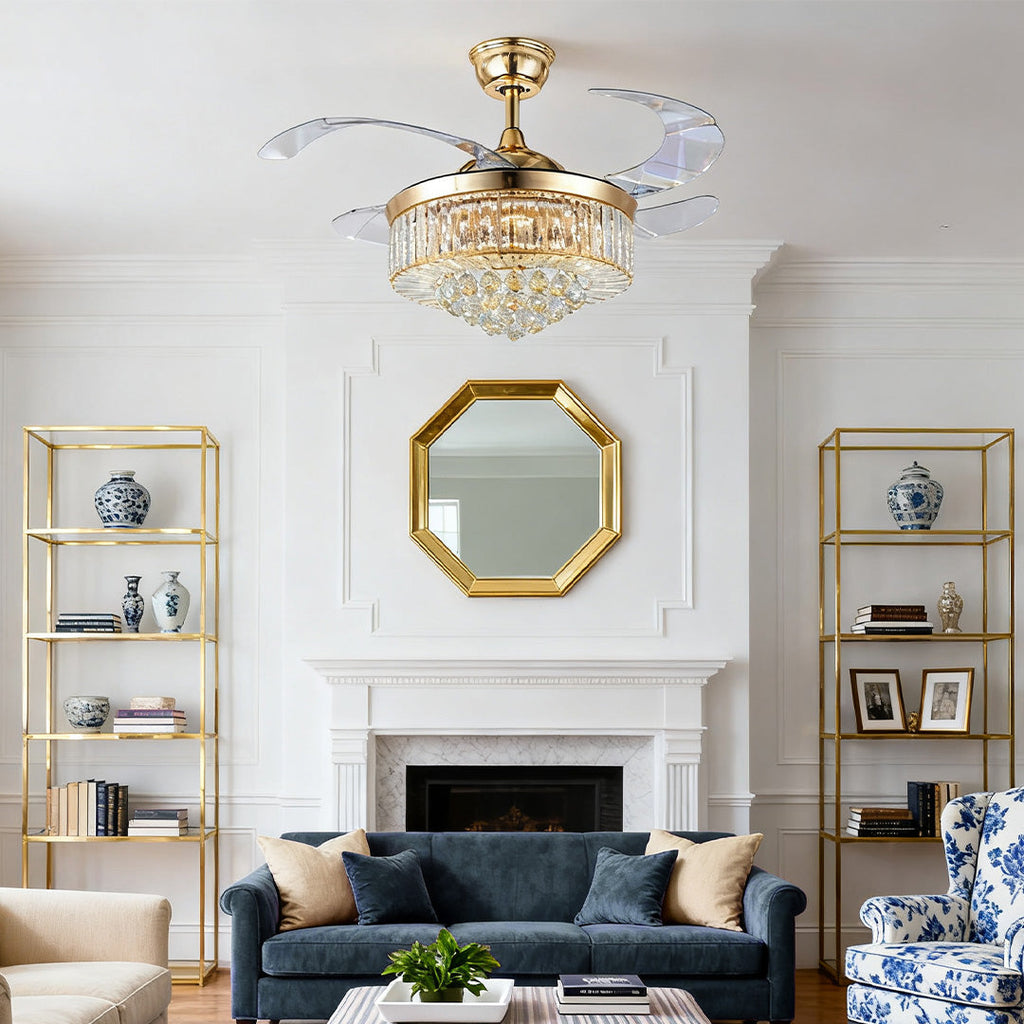 Elegant Gold Iron Crystal Ceiling Fan with Lights for Luxury Interiors