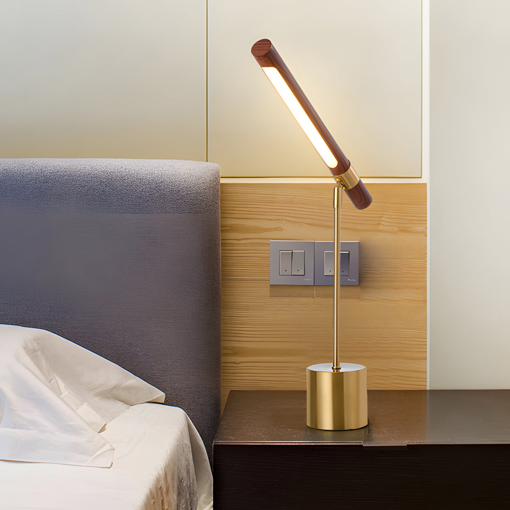 Mid Century Modern Wood & Brass Linear LED Table Lamp for Living Room