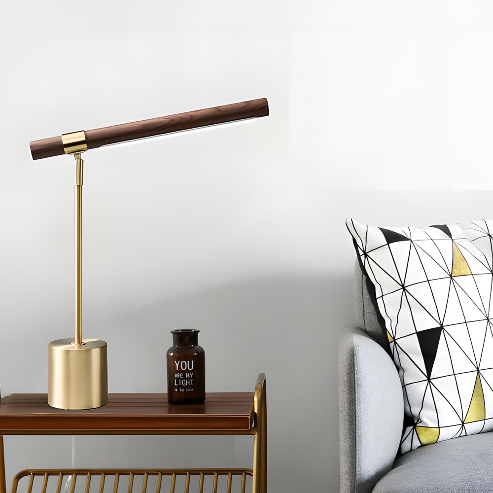 Mid Century Modern Wood & Brass Linear LED Table Lamp for Living Room